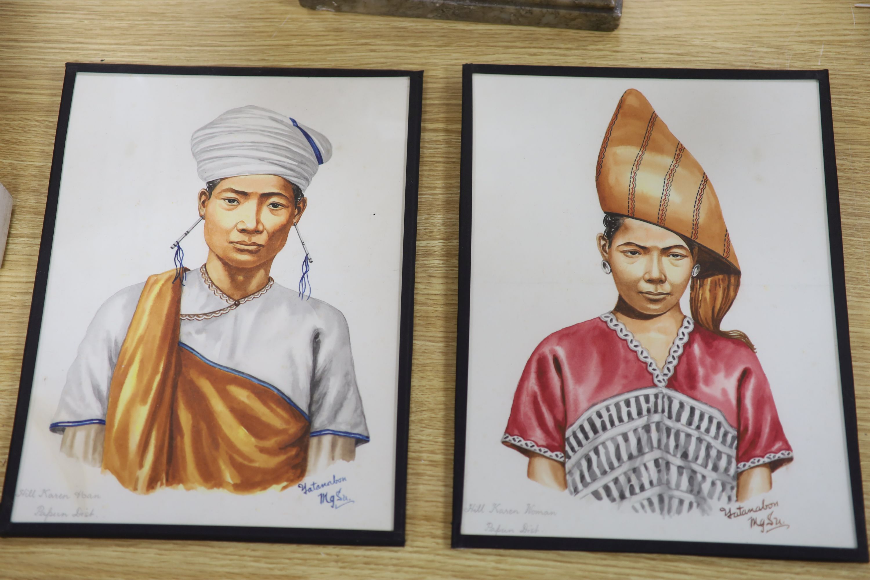 Mgsu Yatanabon, two pairs of watercolours, Portraits of Hill Karen men and women, signed, 32 x 24cm and 24 x 15cm